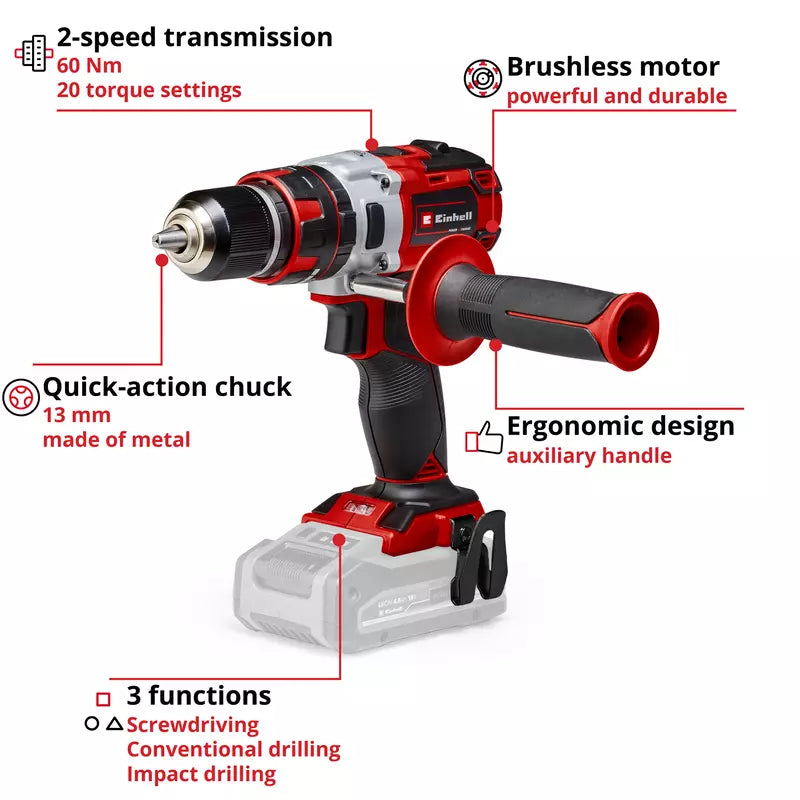 Powerful Einhell 18V Brushless Cordless Impact Drill with 1/2-inch Metal Chuck